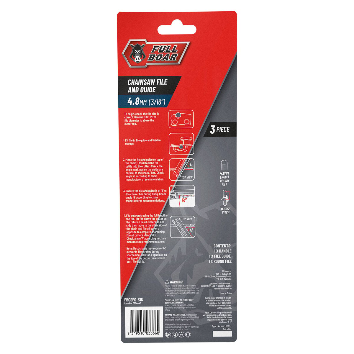 Full Boar Chainsaw File and Guide 4.8mm (3/16") 3 Piece Round Tapered