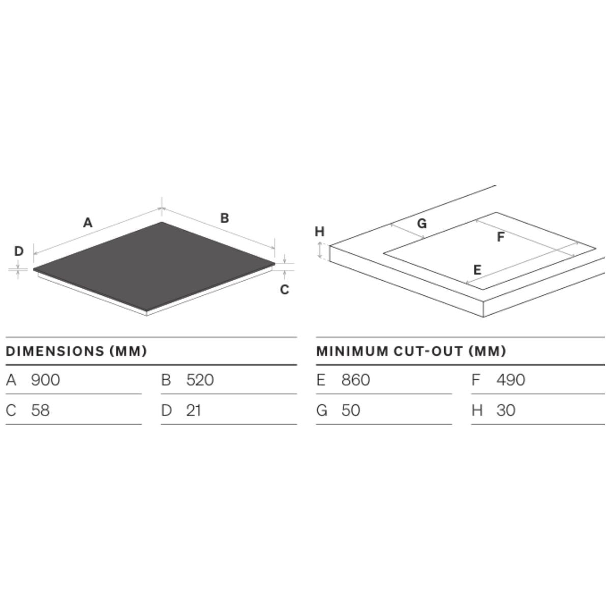 Omega 90cm five zone induction cooktop - two bridge zones - Flex Maxi Zone - Schott Ceran glass - OCI903FTZ