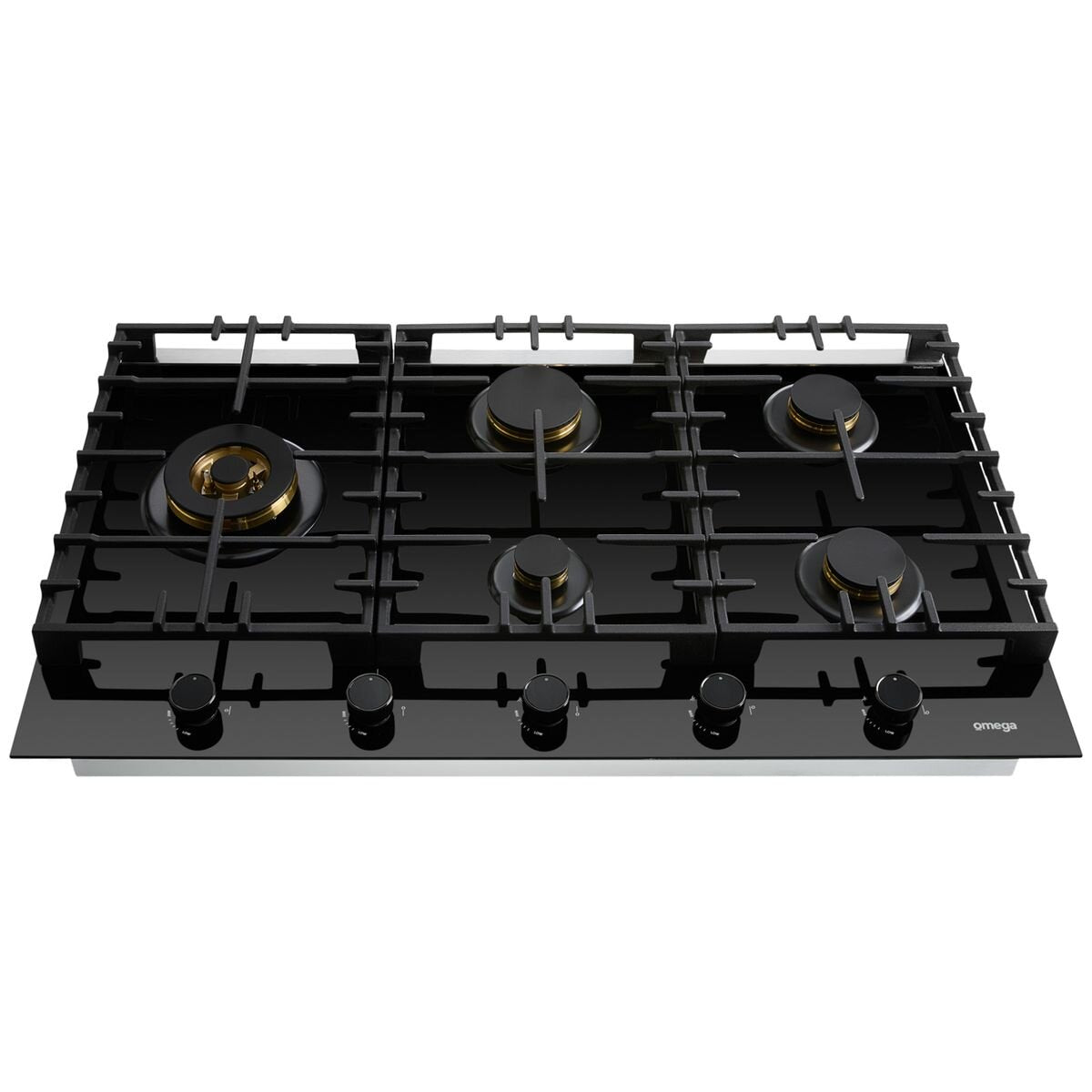 Omega 90cm Natural Gas Cooktop - Black Ceramic Glass, Five Burners, Wok Burner, Brass Burners - OCGG905WB