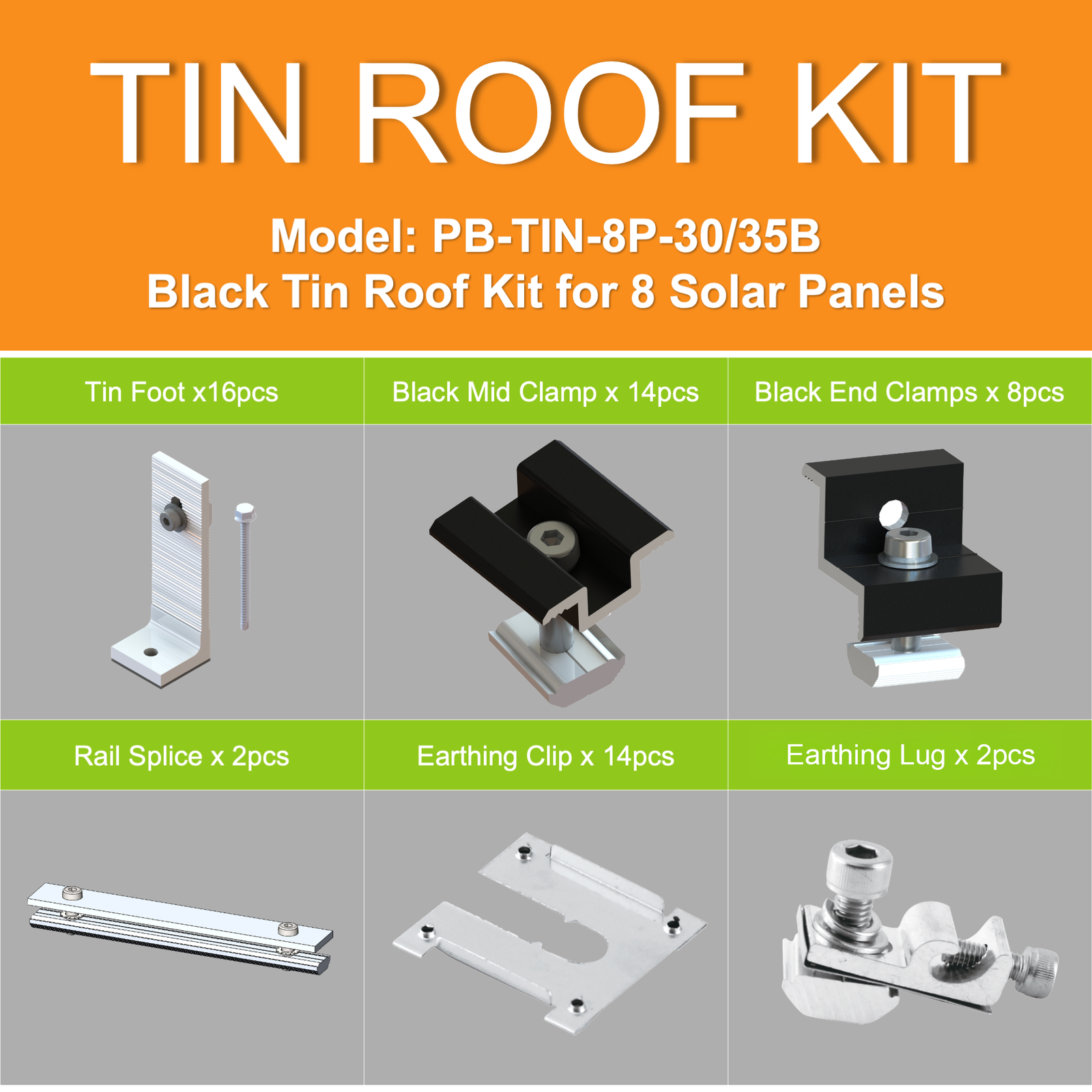 POWERBAY Black Tin Roof Mounting Kit 30/35mm for 8 Solar Panels Aluminium Stainless