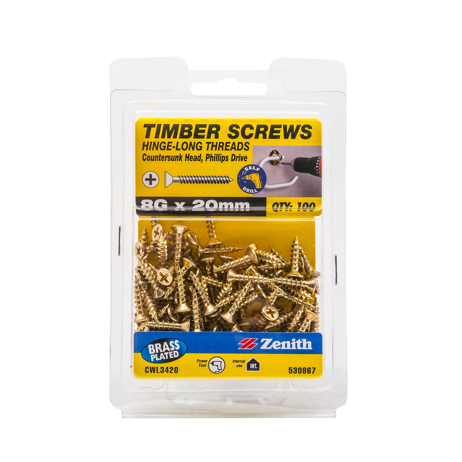 Zenith 8G x 20mm Brass Plated Countersunk Hinge Timber Screws 100 Pack