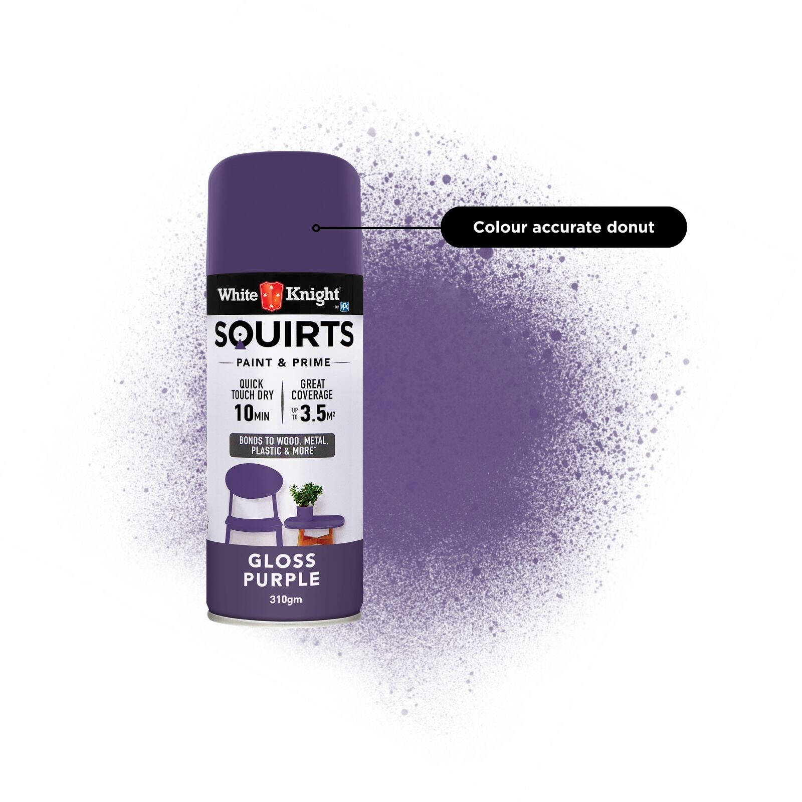 White Knight Squirts Purple Gloss Spray Paint 310g - Solvent-Based Paint & Primer, UV Resistant