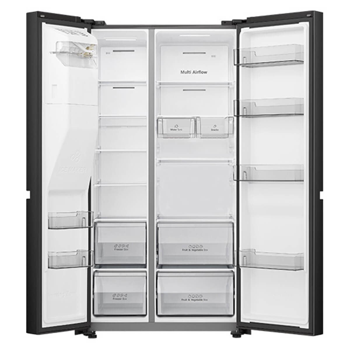 Hisense 632L PureFlat Side by Side Fridge - Black Steel, Non-Plumbed Water and Ice Dispenser - HRSBS633BW