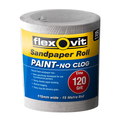 Flexovit 115mm x 15m 120 Grit Painted Surface Sandpaper Roll, Aluminium Oxide, No-Clog
