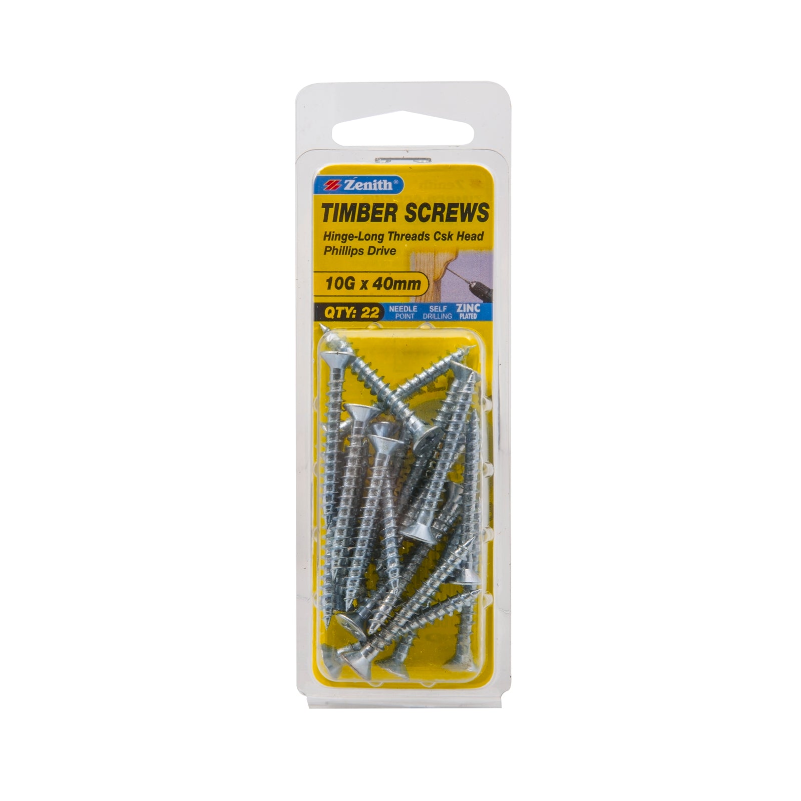Zenith 10G x 40mm Zinc Plated Hinge-Long Thread Countersunk Timber Screws, 22 Pack