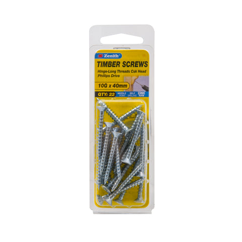 Zenith 10G x 40mm Zinc Plated Hinge-Long Thread Countersunk Timber Screws, 22 Pack