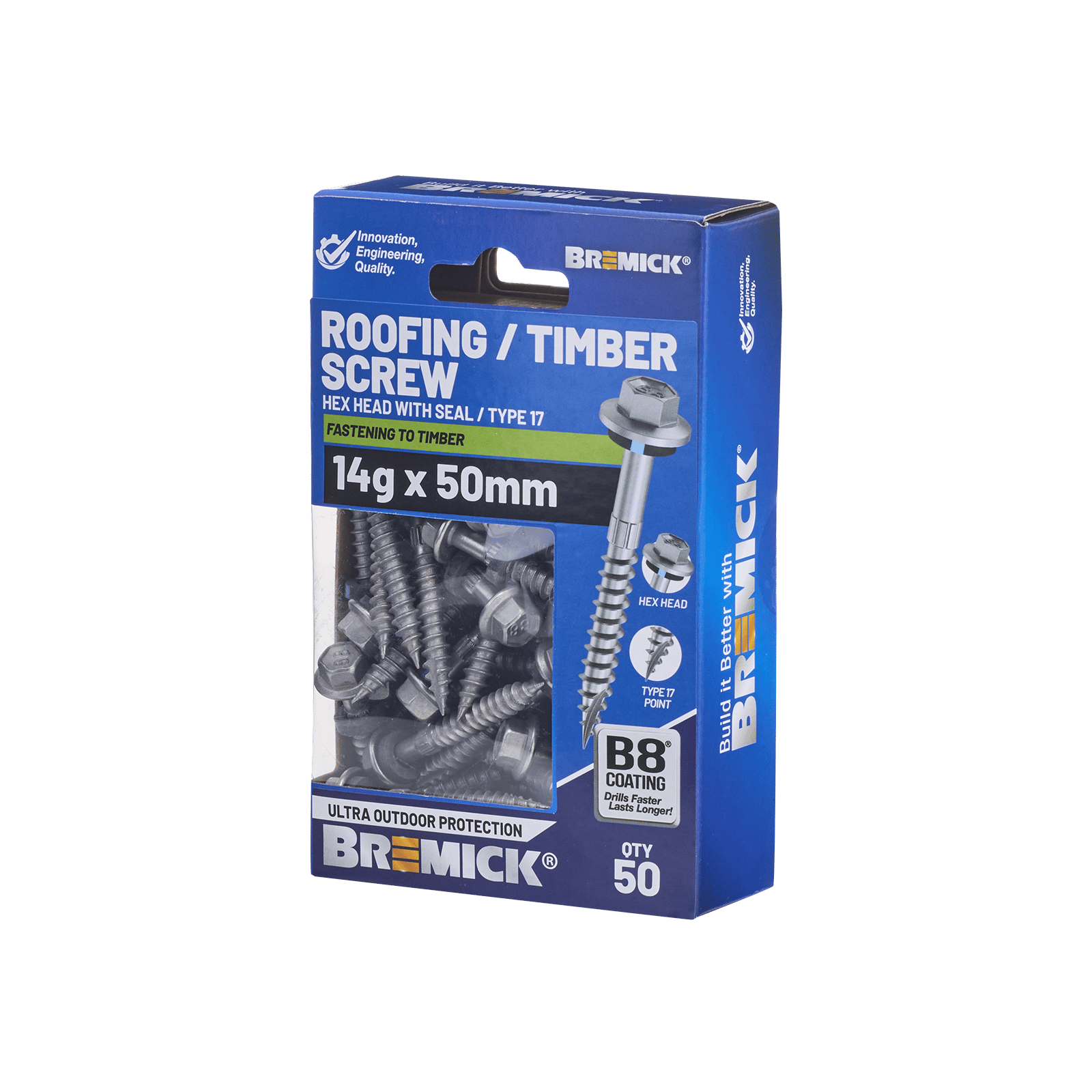 Bremick 14G x 50mm Hex Roofing Screw with Seal, Type 17 Coarse Thread - 50 Box