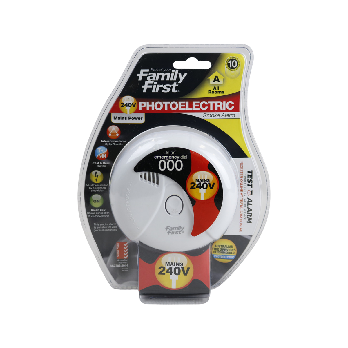 Family First 240V Interconnectable Photoelectric Smoke Alarm with Battery Backup FFPACHI