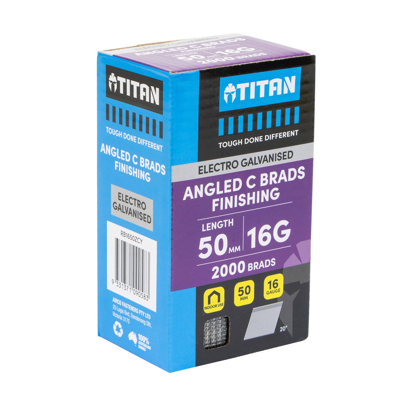 Titan 50 x 1.6mm 16 Gauge Electro Galvanised 20 Degree Angled C Brads - 2000 Pack