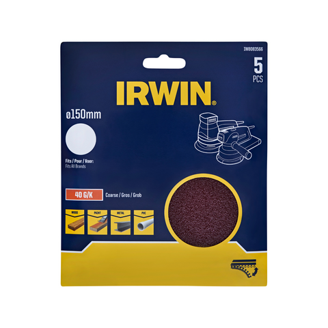 IRWIN 150mm 40 Grit No Holes Quick Fit Random Orbital Sanding Discs - 5 Pack
