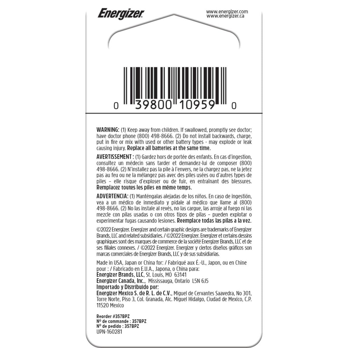 Energizer 357/303 Silver Oxide Button Battery 1 Pack