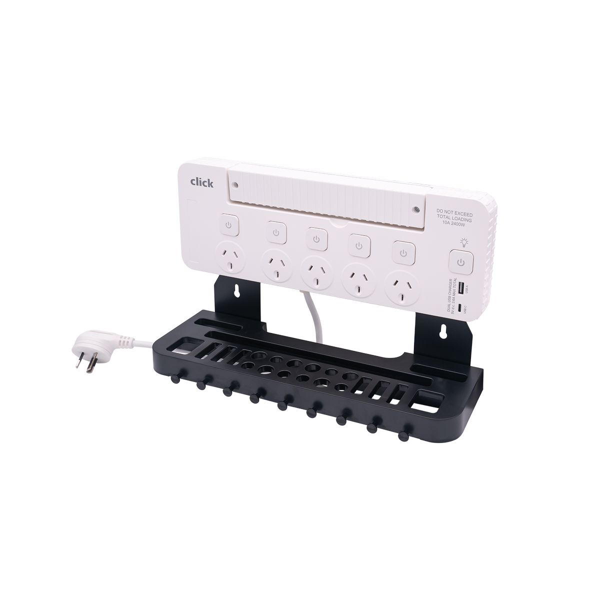 Click 5 Outlet Power Board with Tool Rack, LED Light and USB 1.8m 10A 2400W CTR5S