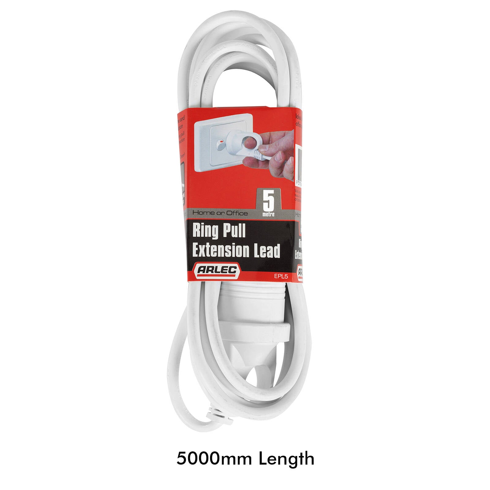 Arlec 5m White Ring Pull Extension Lead 10A 240V PVC Indoor