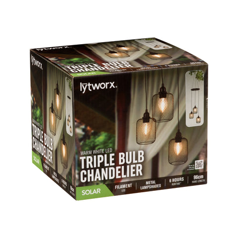 Lytworx Solar Triple Bulb Chandelier Lights 950mm Warm White Black Metal Outdoor