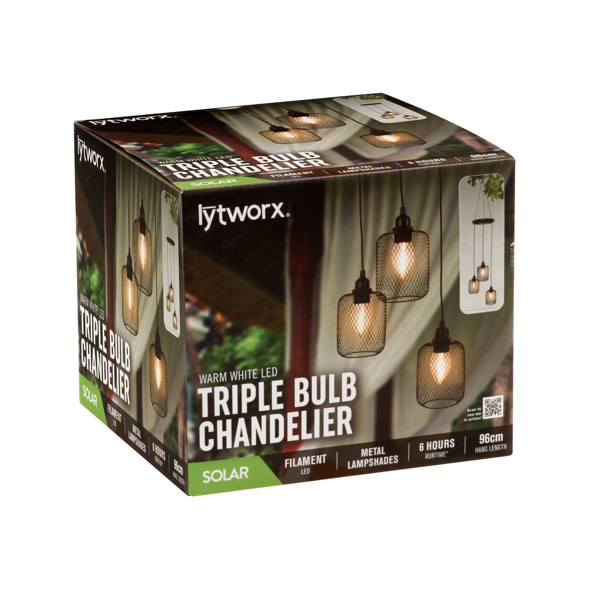 Lytworx Solar Triple Bulb Chandelier Lights 950mm Warm White Black Metal Outdoor