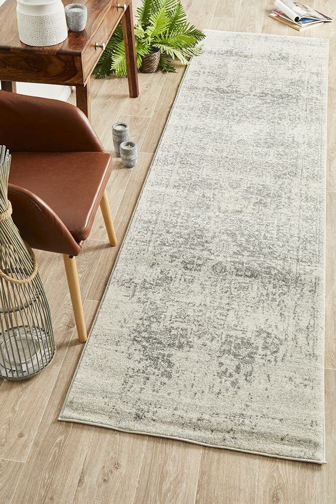 Rug Culture Evoke Medium White Silver Runner Rug 300X80CM - Power Loomed Polypropylene - EVO-253-WSIL-300X80