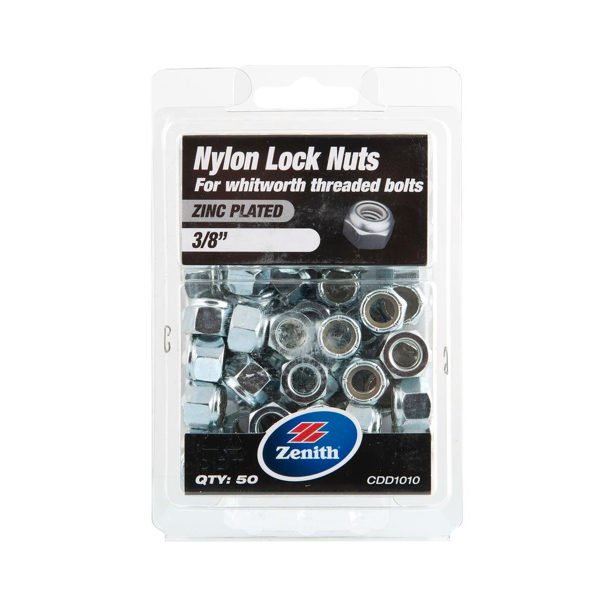Zenith 3/8" Zinc Plated Steel Nylon Lock Nut - 50 Pack