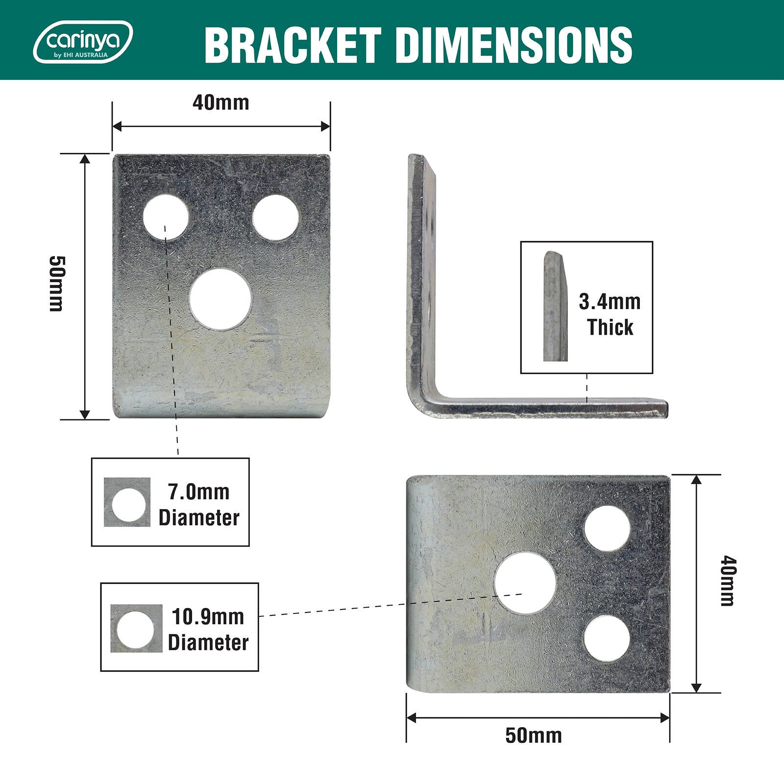Carinya 50 x 50 x 40 x 3.5mm Zinc Plated Steel Reinforcing Angle Bracket, 150kg
