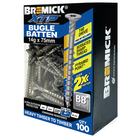 Bremick XTP 14g x 75mm T40 B8 Carbon Steel Bugle Batten Screws - 100 Pack