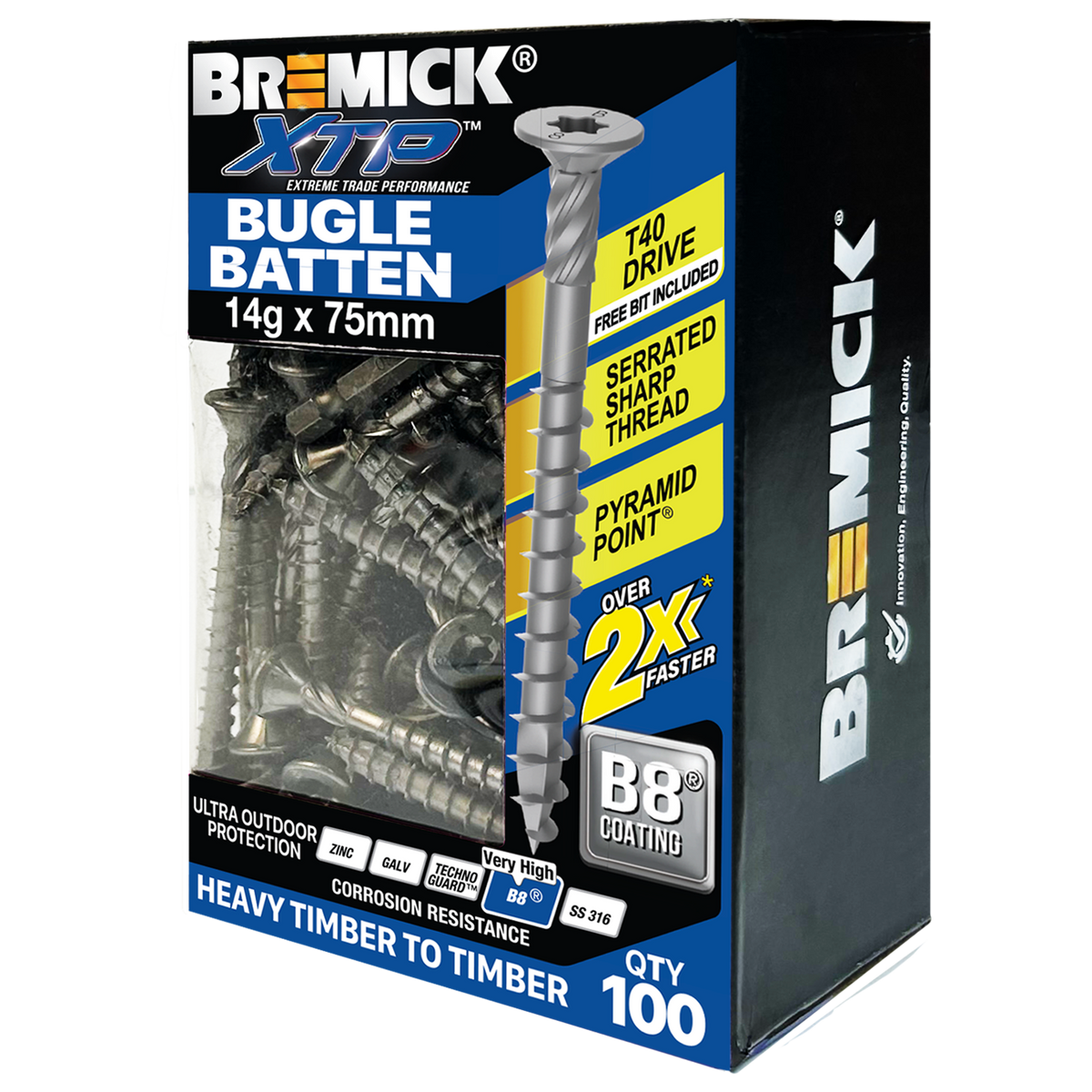 Bremick XTP 14g x 75mm T40 B8 Carbon Steel Bugle Batten Screws - 100 Pack