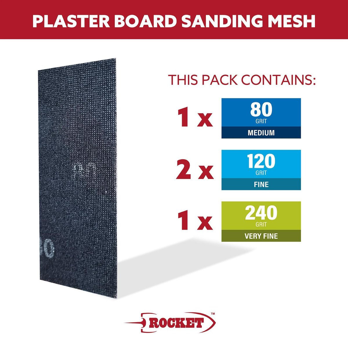 Rocket Plasterboard Sanding Mesh Hook and Loop 4 Pack Anti-Clog Screens