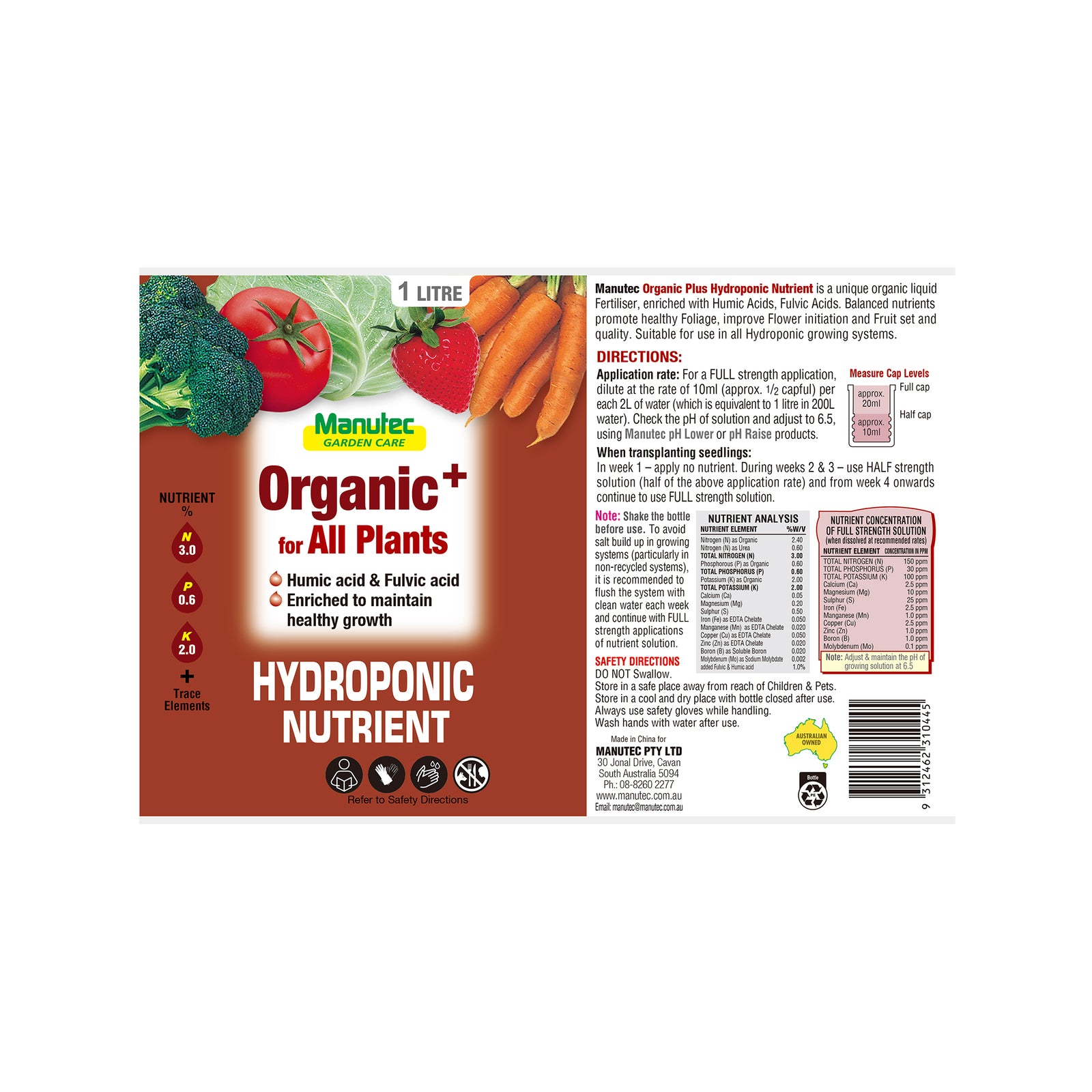 Manutec 1L Hydroponic Organic Plus Liquid Fertiliser For All Plants