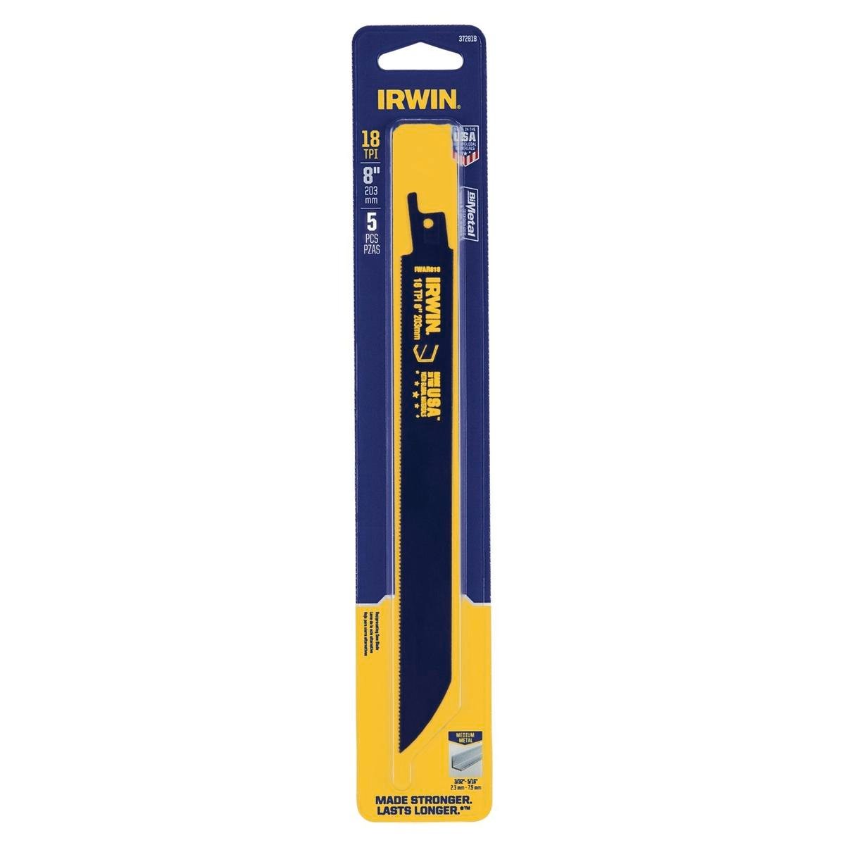Irwin 8in 18TPI Bi-Metal Medium Metal Cutting Reciprocating Saw Blade 5 Pack