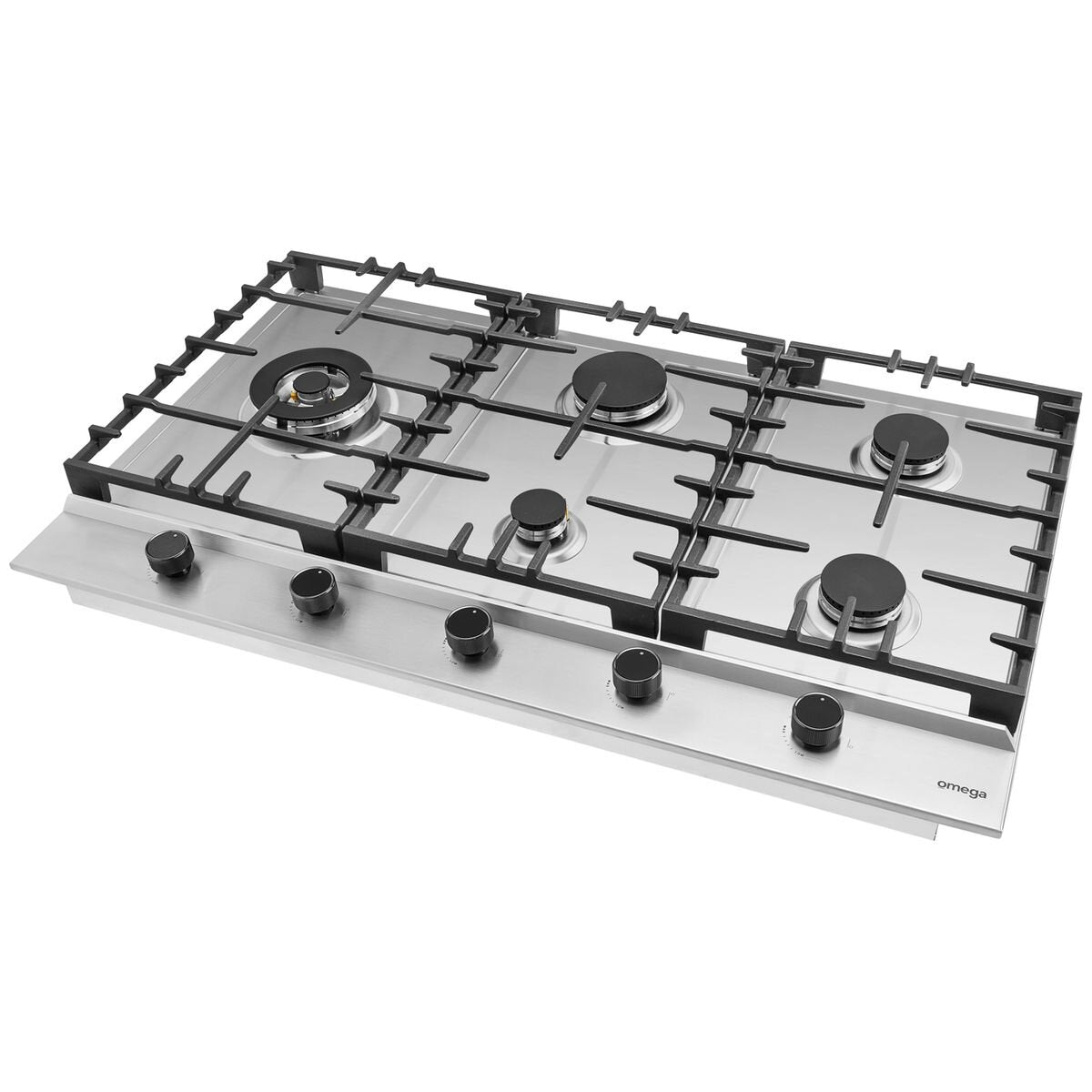 Omega 90cm Natural Gas Cooktop - Stainless Steel, Five Burners, Triple Ring Wok Burner - OCG905WX