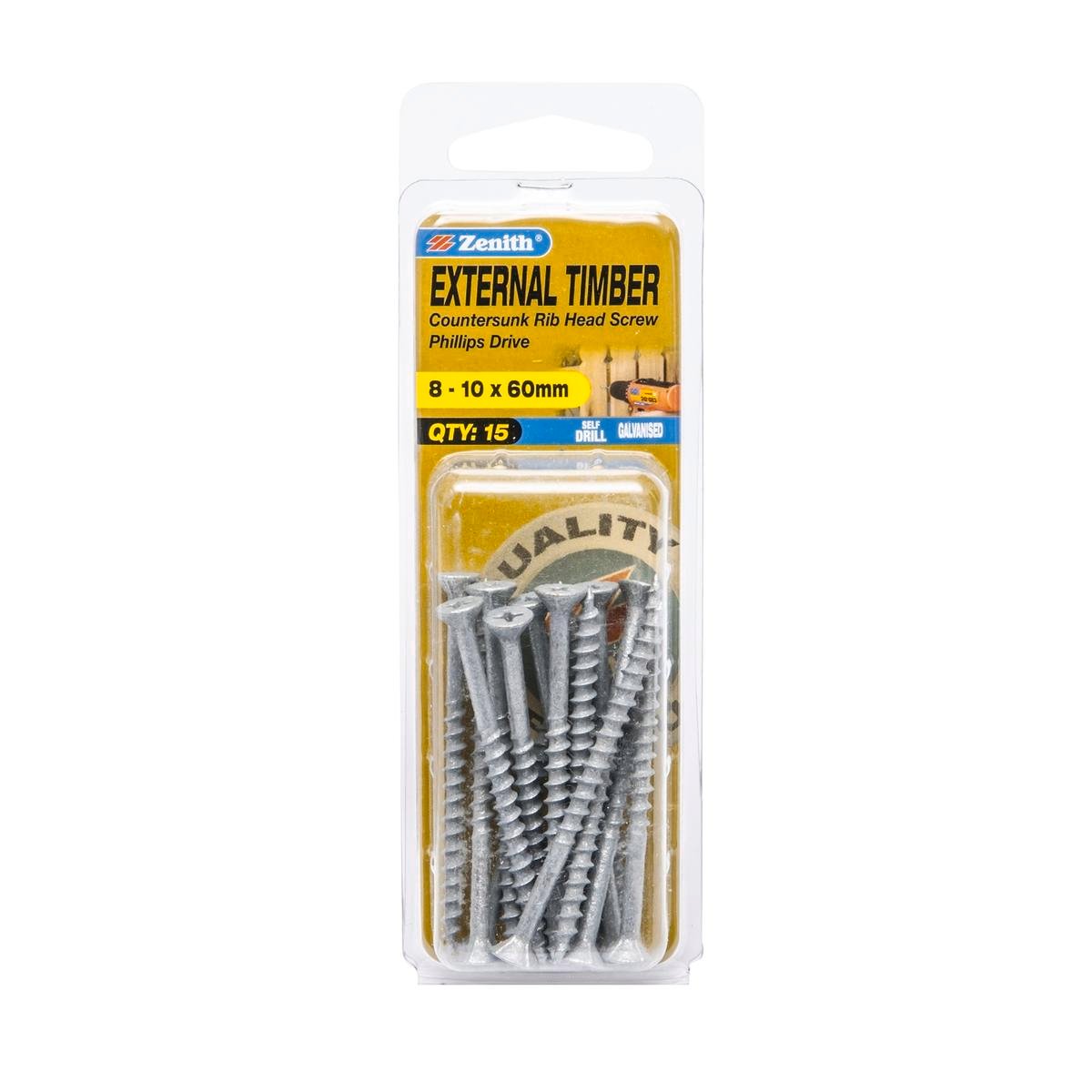Zenith Timber Screws - 10 x 60mm - Galvanised - Countersunk Rib Head - 15 Pack - SuperSaverAU - view 1