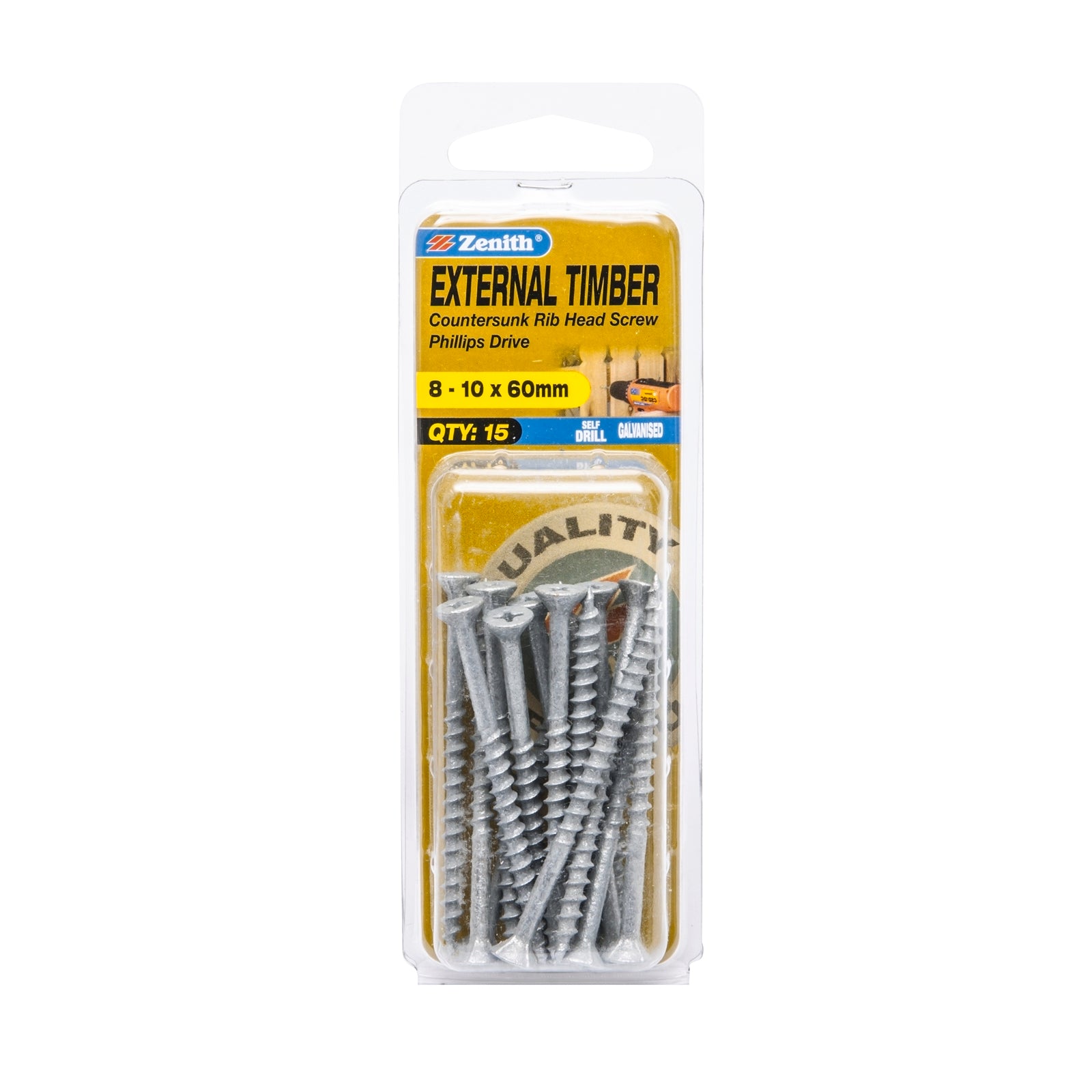 Zenith 8-10 x 60mm Galvanised Countersunk Rib Head External Timber Screws - 15 Pack