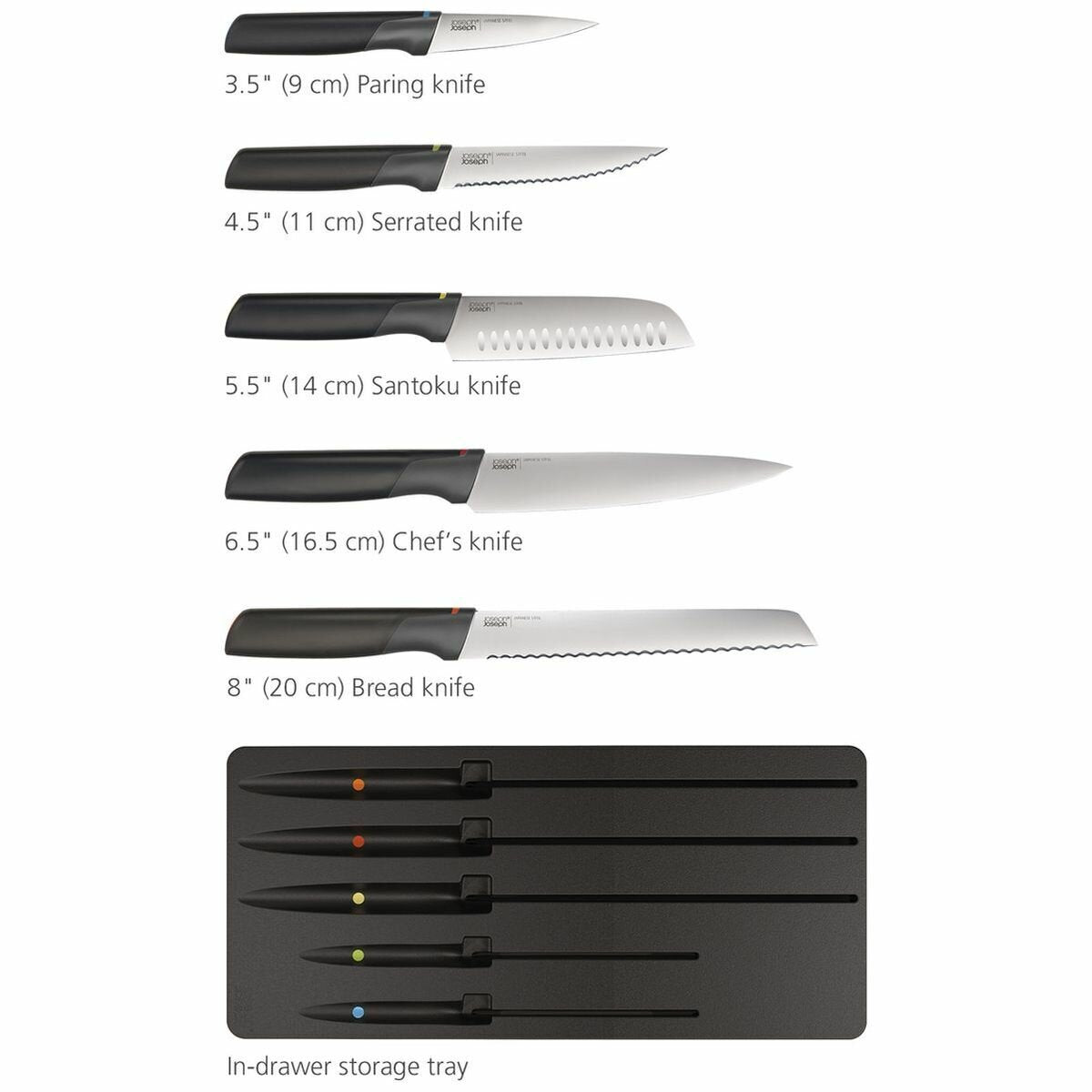 Joseph Joseph Elevate Knife Set - Five Japanese Stainless Steel Knives and In-Drawer Tray - 10545