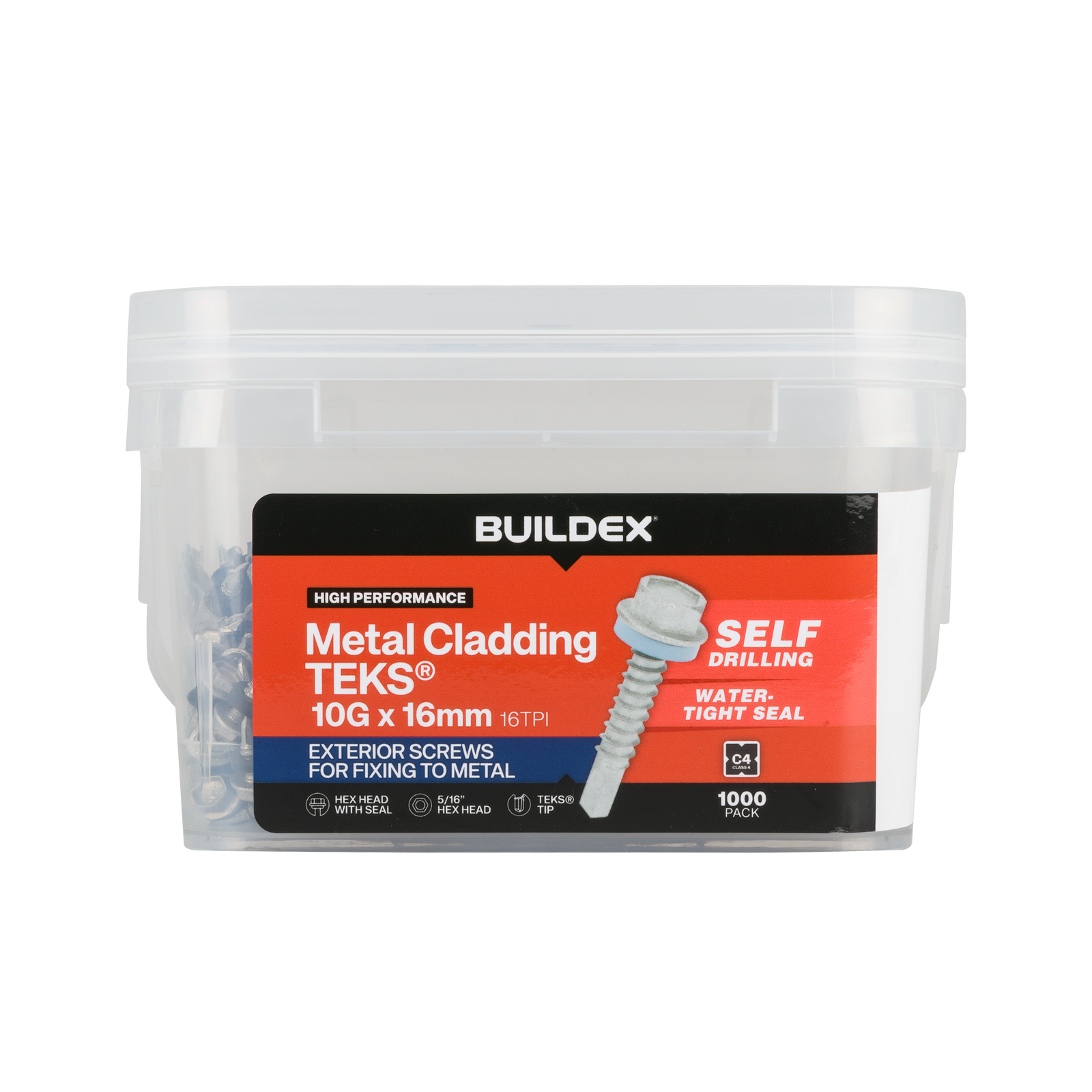 Buildex 10G x 16mm Class 4 Metal Cladding TEKS Screws with Seal, Hex Head - 1000 Pack