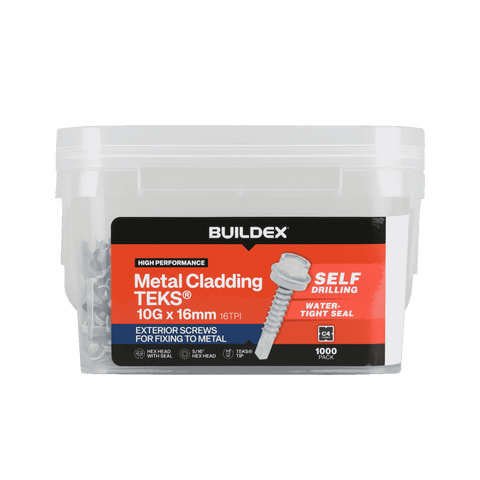 Buildex 10G x 16mm Class 4 Metal Cladding TEKS Screws with Seal, Hex Head - 1000 Pack