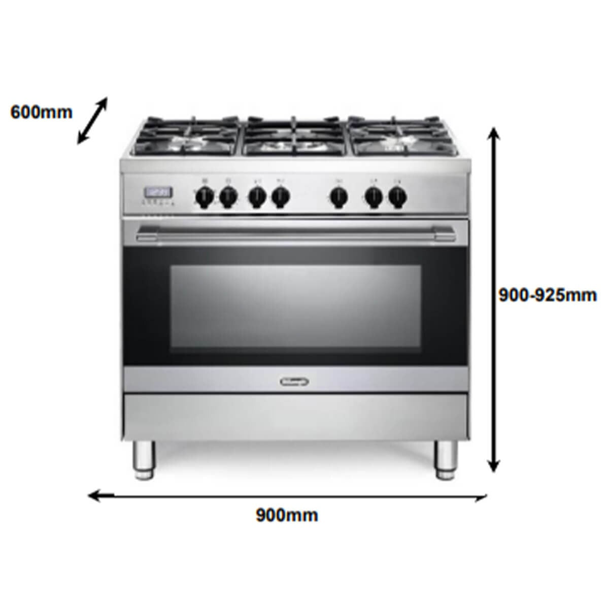DeLonghi 90cm Dual Fuel Freestanding Oven - 130L Oven, 5 Gas Burners with Wok Burner - DEF908S