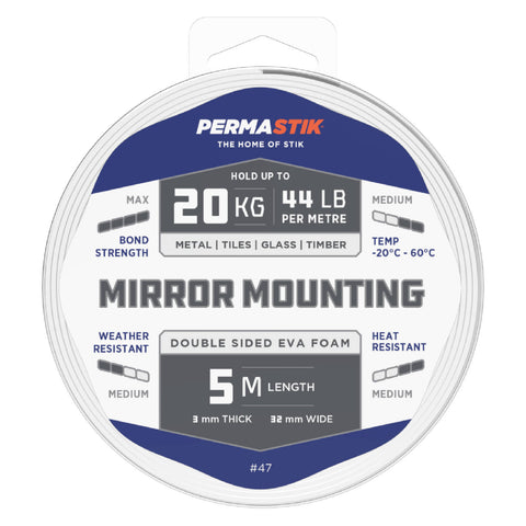 Permastik 32mm x 5m Mirror Mounting Tape - White Double-Sided Foam, Indoor