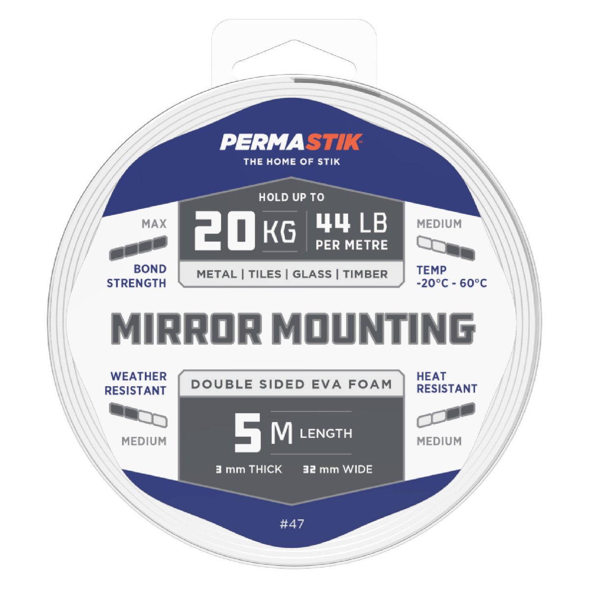 Permastik 32mm x 5m Mirror Mounting Tape - White Double-Sided Foam, Indoor