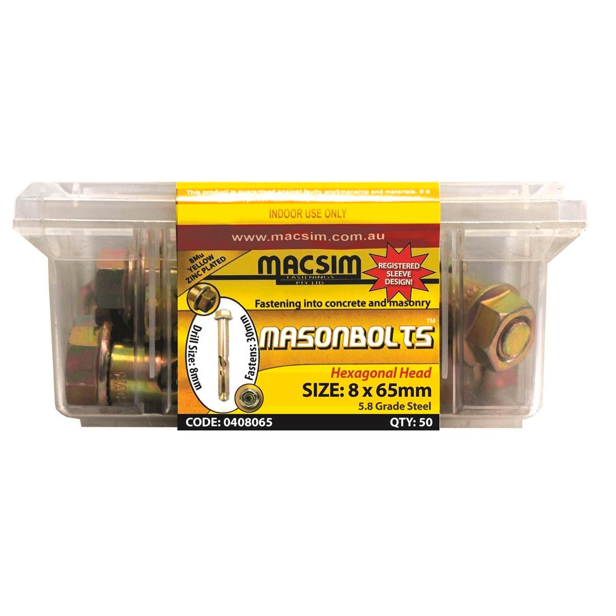 Macsim 8 x 65mm Yellow Zinc Plated Masonry Sleeve Anchor, Hex Nut - 50 Pack