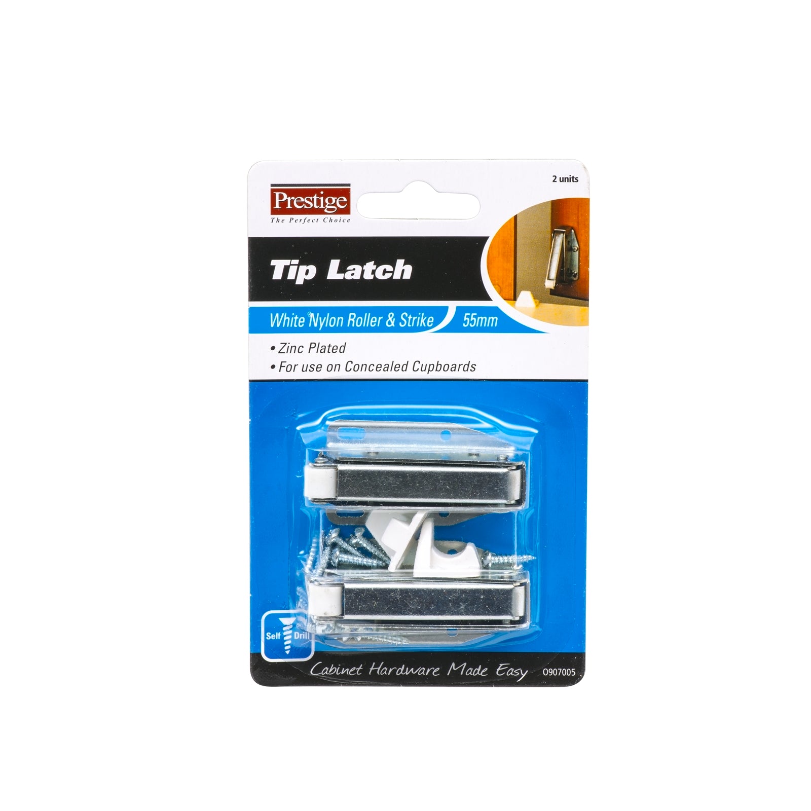 Prestige 55mm Zinc Plated Tip Latch - 2 Pack, Steel, Push-to-Open Cabinet