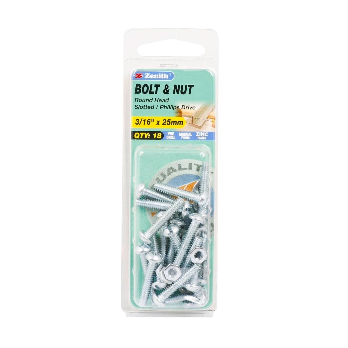 Zenith 3/16" x 25mm Zinc Plated Round Head Bolt and Nut - Steel, 18 Pack