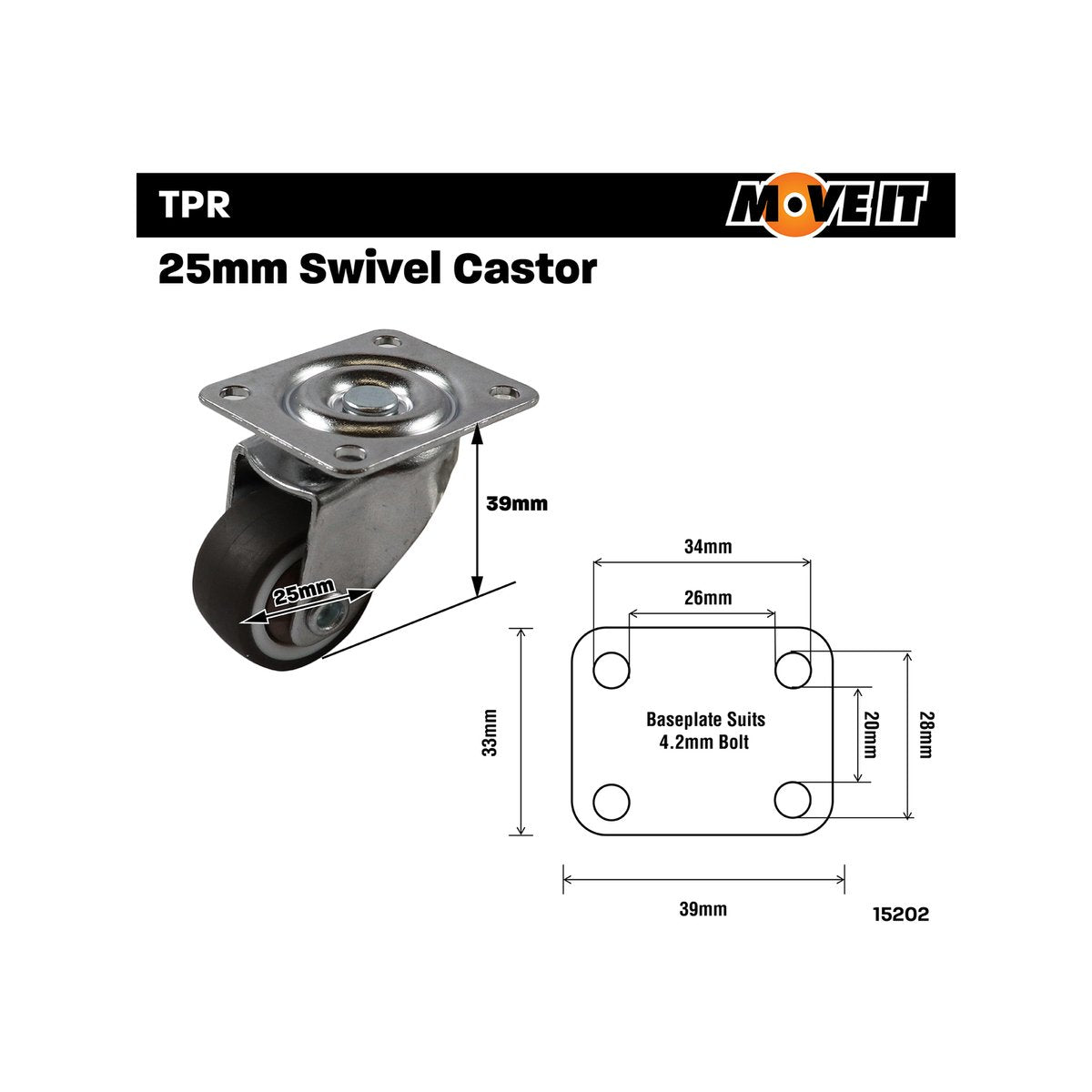 Move It 25mm 10kg Rubber Swivel Castor Indoor