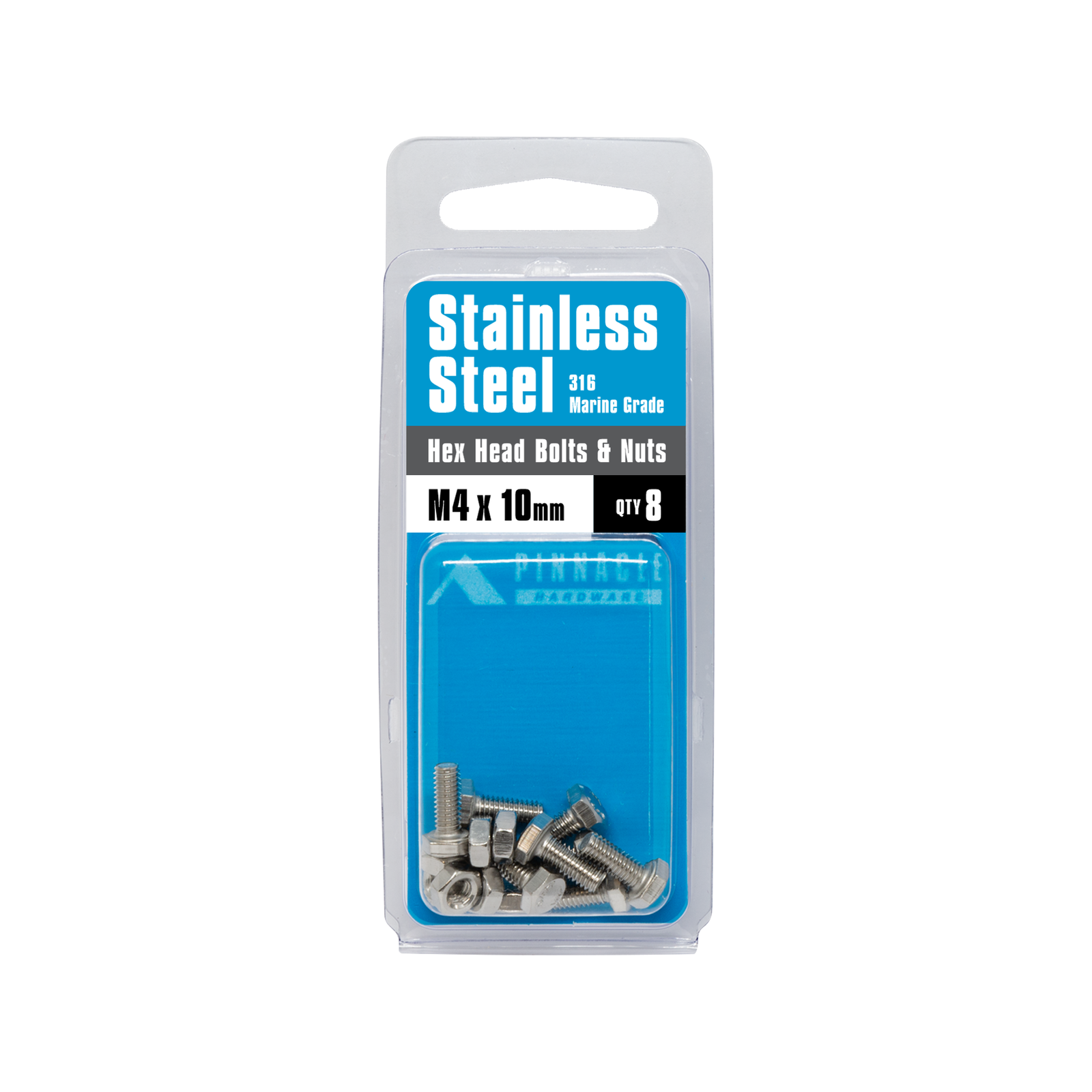 Pinnacle Hardware M4 x 10mm 316 Stainless Steel Hex Head Bolts And Nuts 8 Pack