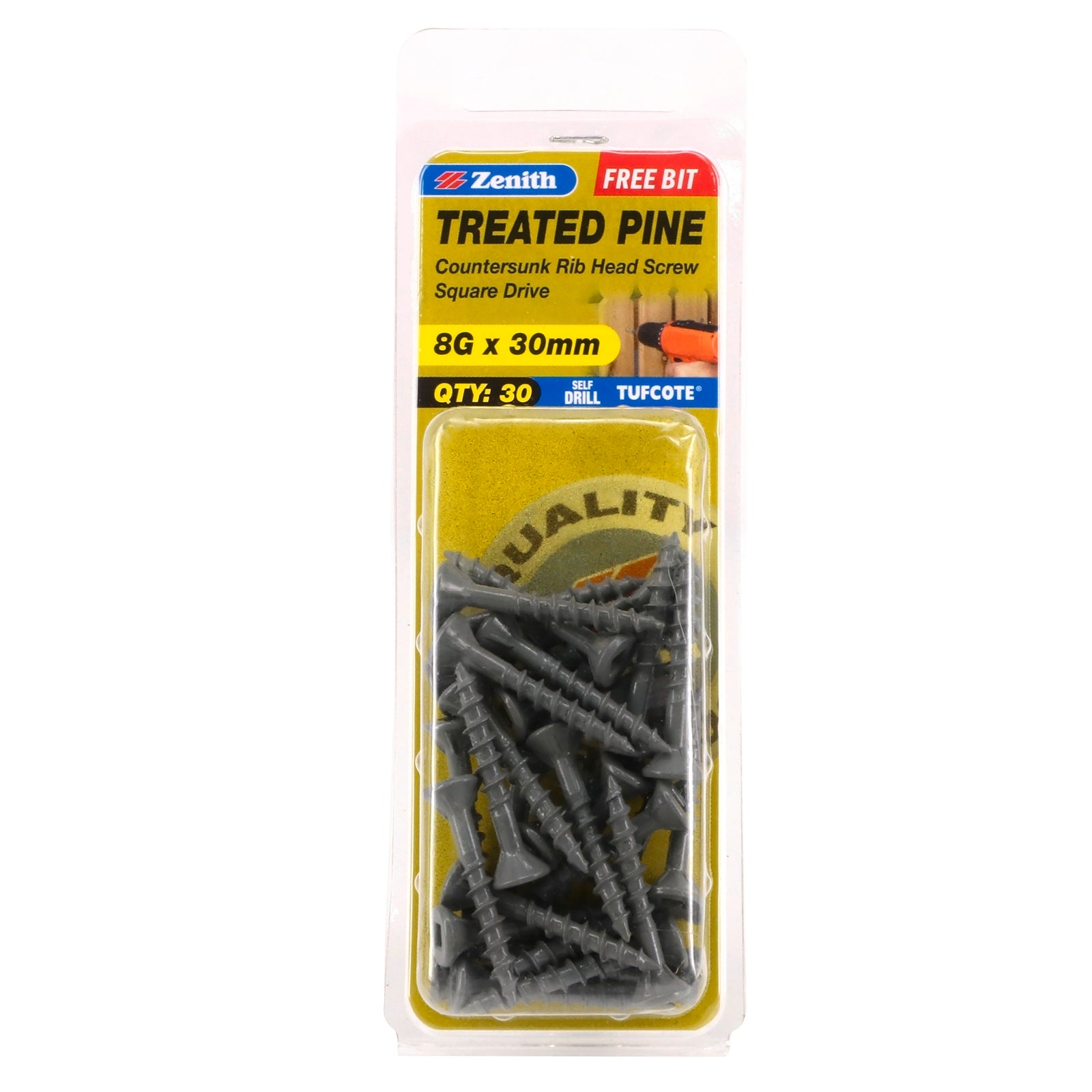 Zenith 8G x 30mm Tufcote Countersunk Rib Head Treated Pine Screws - 30 Pack
