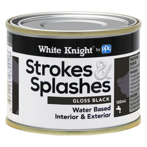 White Knight Strokes & Splashes 100ml Black Gloss Water-Based Craft Paint Indoor Outdoor