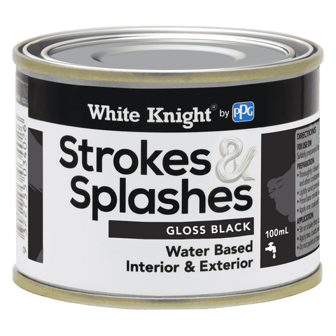 White Knight Strokes & Splashes 100ml Black Gloss Water-Based Craft Paint Indoor Outdoor