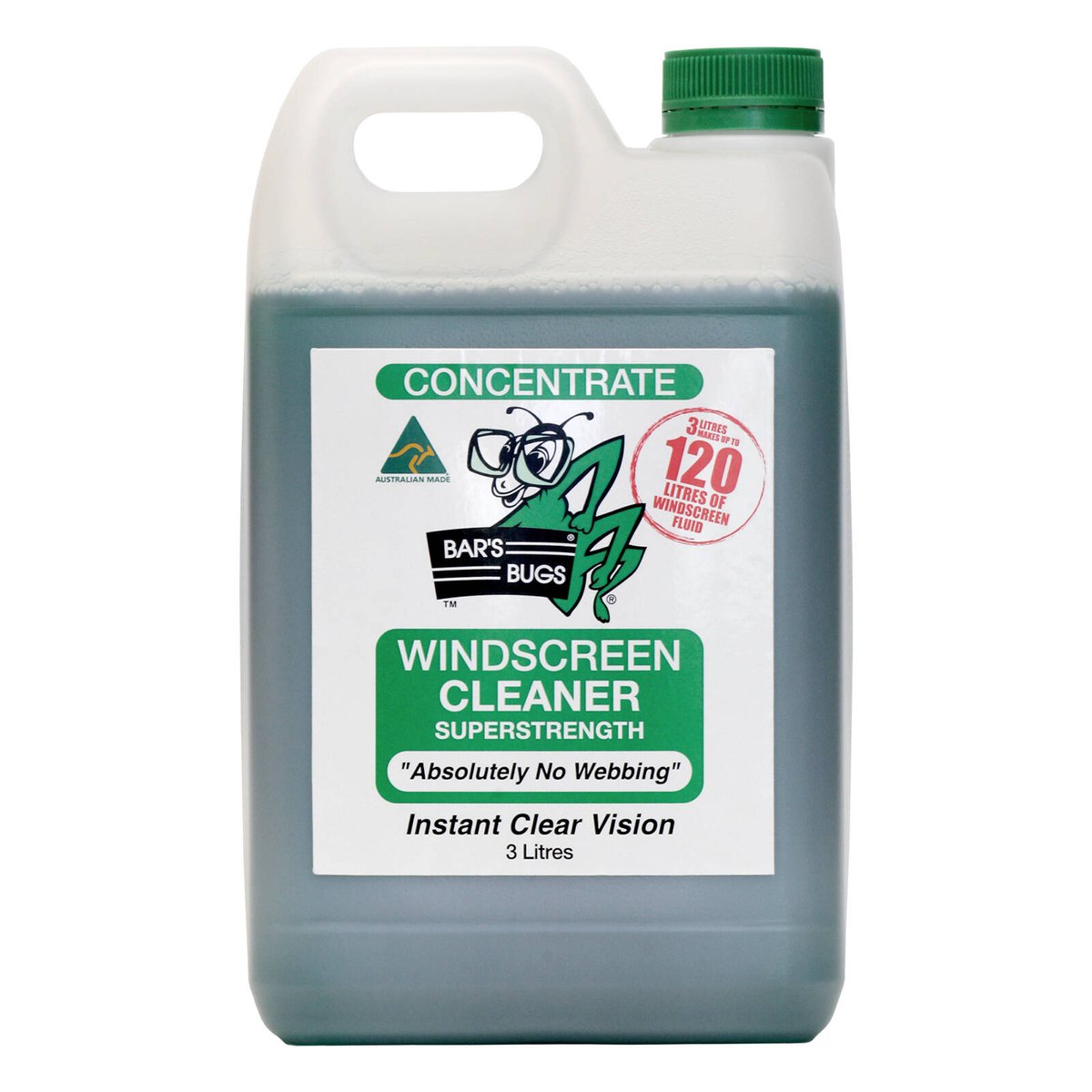 Bar S Bugs Windscreen Cleaner Concentrate 3L - Non-Toxic - Green - 120L Fluid - SuperSaverAU - view 1