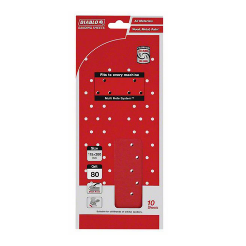 Diablo 115 x 280mm 80 Grit Hook & Loop Multihole Sanding Sheets - 10 Pack