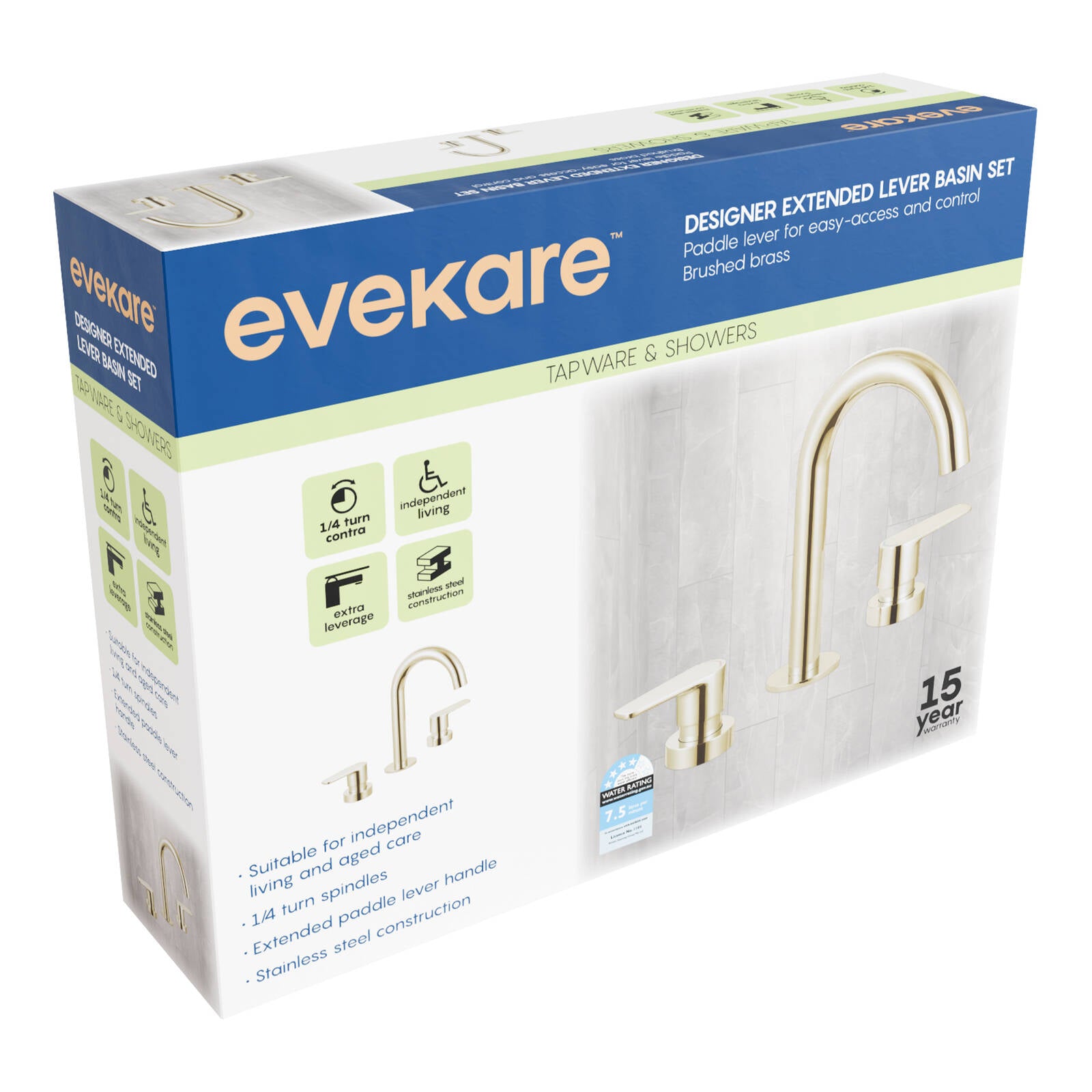 Evekare Brushed Brass 1/4 Turn Extended Lever Basin Set, 7.5L/min, 4 Star WELS