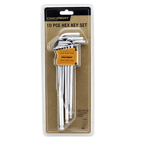Craftright 10 Piece Extra Long Metric Hex Key Set, Ball End CR-V Steel, with Case