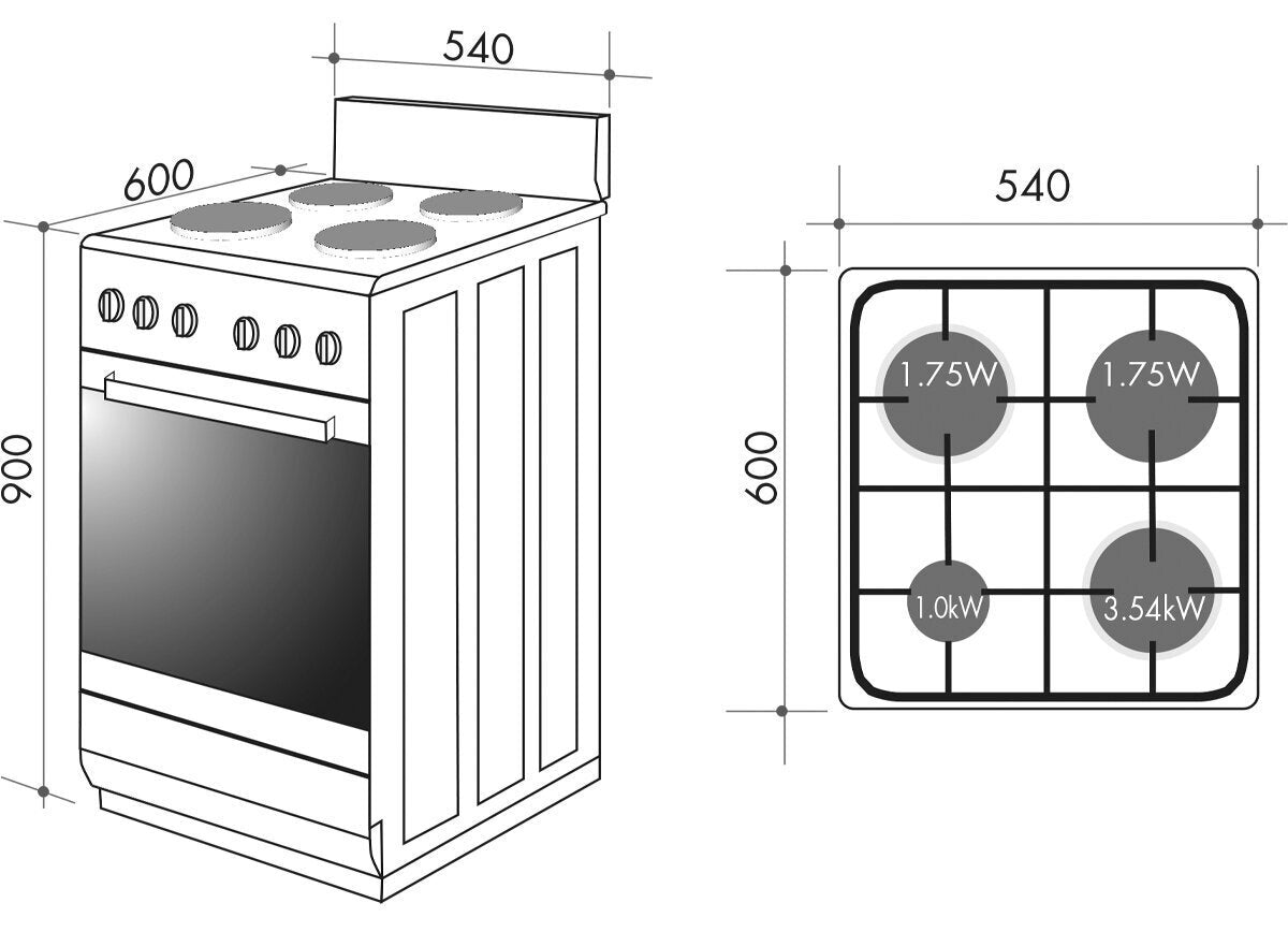 Artusi 54cm Natural Gas Freestanding Oven - 60L, Wok Burner, Separate Electric Grill, White - AFGG54EG