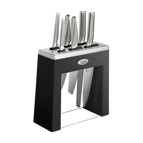 Global Kabuto 7 piece knife block set - stainless steel knives - black storage block - 79620